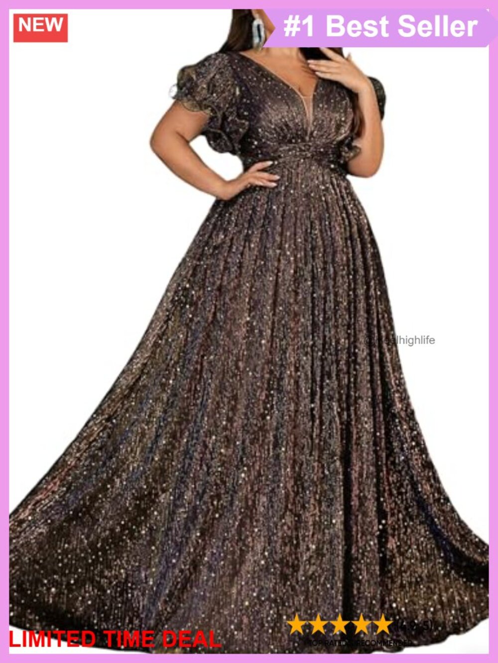 Plus Size Sequin A-Line Formal Dress V-Neck Ruffle Sleeve